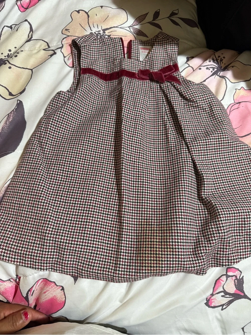 Gymboree Burgundy and Black Houndstooth Velvet-Bow Dress